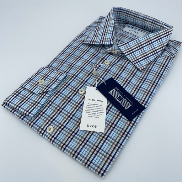 Eton Dress Shirt Mens XL 17 1/2 - 44 Colorful Check Long Sleeve Collar Button Up